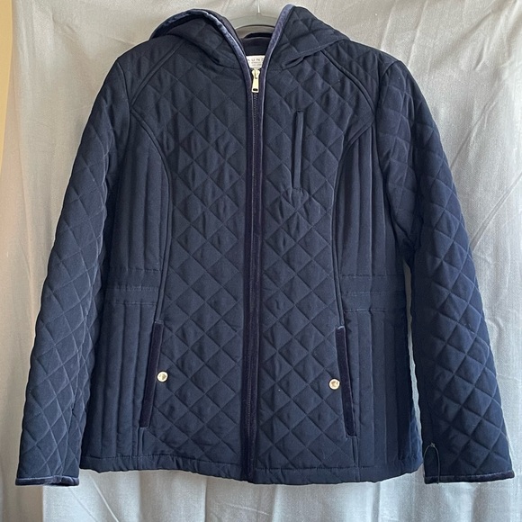 NWOT Laundry by Shelli Segal Navy Quilted Jacket w Hood Velvet Trim Fleece; Lg - Picture 1 of 15